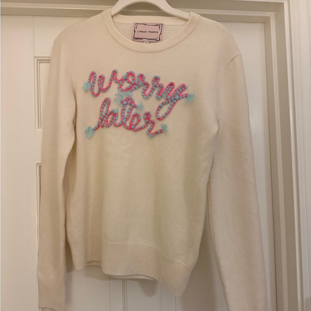 Charming Lingua Franca Cream Sweater with Pink and Blue Embroidery